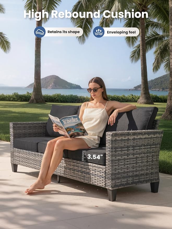 5-Piece Outdoor Patio Furniture Set with Swivel Chairs, Outdoor Conversation Wicker Sofa with Coffee Table, Rattan Couch for Deck, Backyard, Poolside (Black)