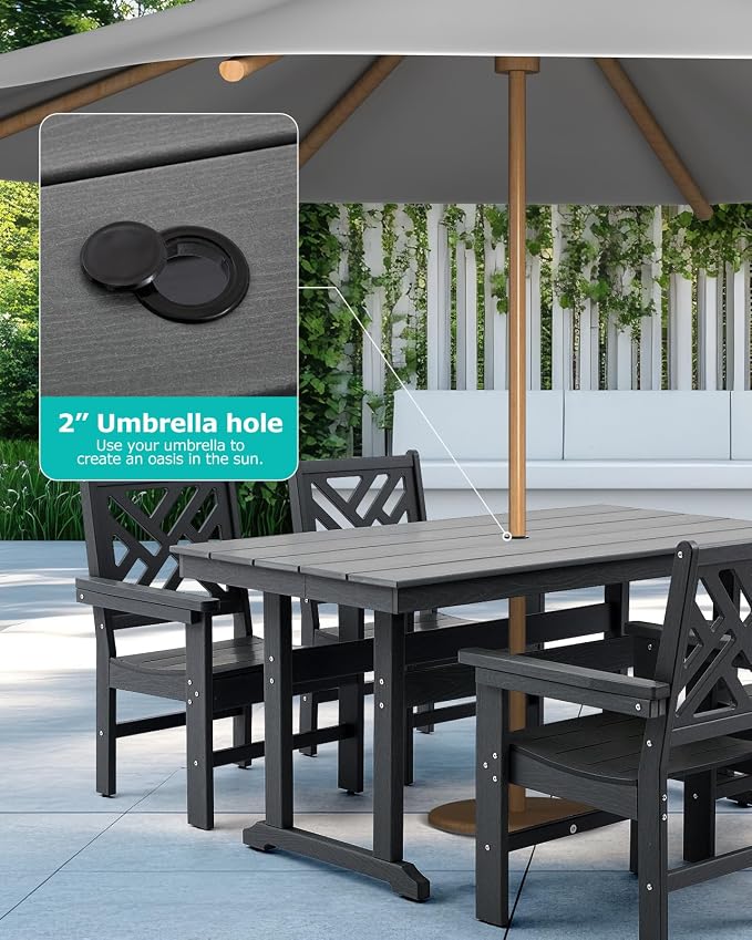 HDPE Outdoor Dining Table for 6, 62.2” Rectangle All-Weather Resistant Patio Dining Table with 2” Umbrella Hole for Balcony, Backyard, Garden,Lawn (Dark Grey, Dining Table)