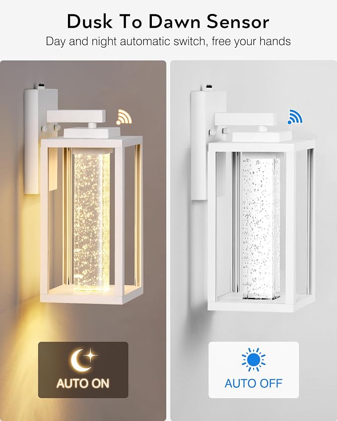 VIANIS White Exterior Lighting Fixtures for House, Large Dusk to Dawn Outdoor Wall Sconce Lantern for Porch, Outdoor Garage Lights Wall Mount with Integrated 10W LED Light Source Crystal Bubble Glass