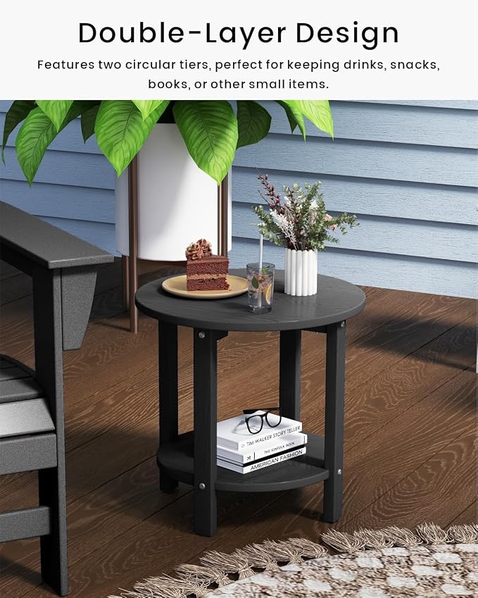 HDPE Round Outdoor Side Table, 18.1-Inch Weatherproof Small Outdoor Table for Adirondack, 2-Tier Patio End Table for Garden Backyard Porch Deck Balcony Poolside (Black)