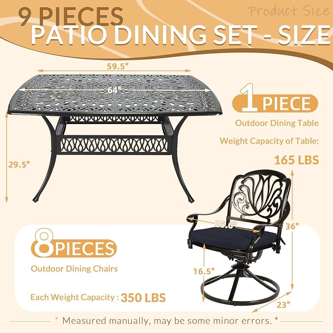 9 Piece Outdoor Patio Dining Set for 8, Cast Aluminium Large Square Dining Table & 8 Swivel Rocker Chairs with Removable Cushions, Umbrella Hole, Patio Furniture Set for Garden, Navy Blue