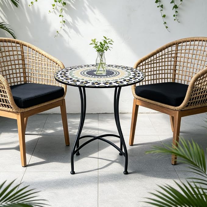 24 Inch Mosaic Patio Round Side Table with X-Curved Legs Indoor and Outdoor Accent End Table for Yard, Garden, Living Room, Bistro, B - Black Floral