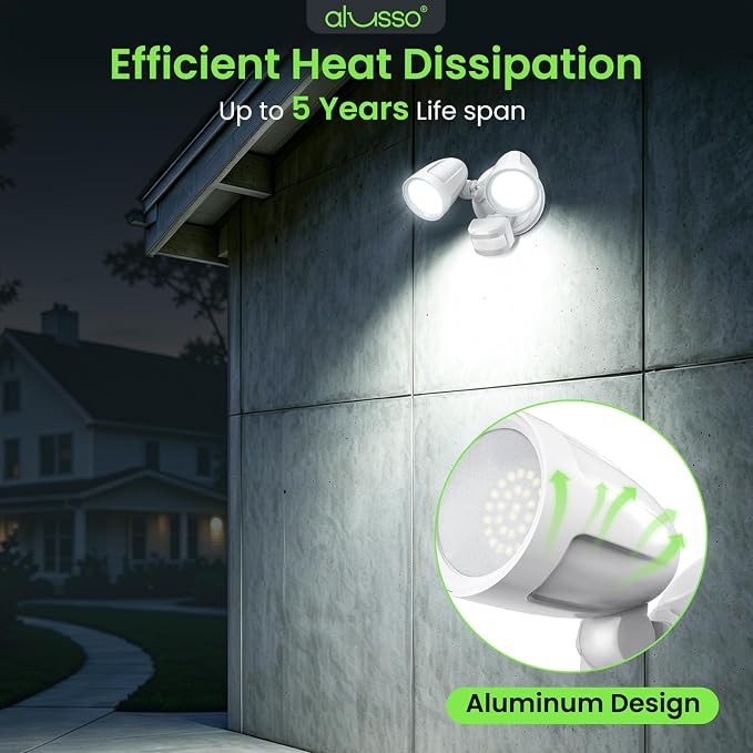 ALUSSO Motion Sensor Outdoor Lights Metal Heads, 30W 3600LM Flood Lights Outdoor 120V, 3 Modes Dusk to Dawn/Auto/On Time, 3000K 4000K 6500K Adjustable, Hardwired Security Light ETL Listed, White 1PC