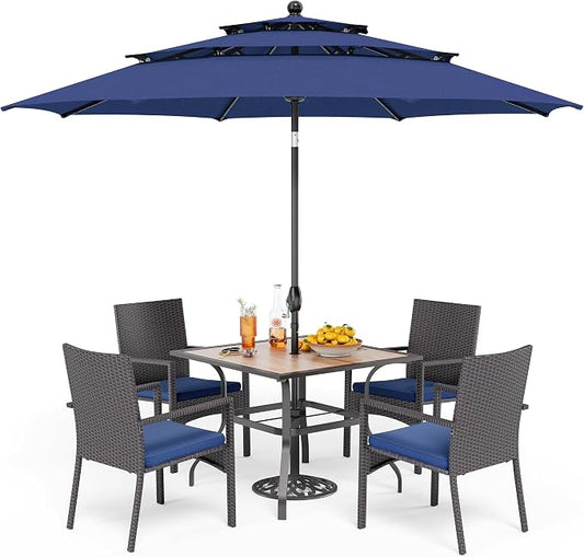 PHI VILLA 5pc Patio Dining Set with Umbrella, Square Table, Rattan Chairs | Includes 37" square metal table, 4 cushioned rattan chairs, and 10ft blue umbrella. Perfect for patio, deck, yard, or porch