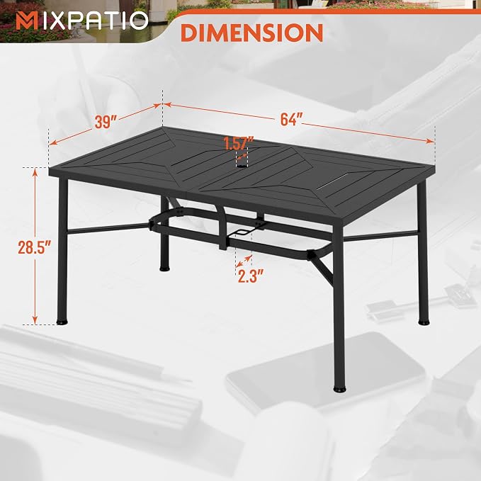 MIXPATIO Outdoor Patio Dining Table for 6, 64" x 39" Rectangular Metal Patio Dining Table with Umbrella Hole for Garden, Backyard and Porch
