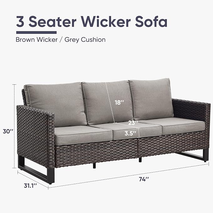 Belord Outdoor Couch Patio Furniture: Wicker Patio Sofa with Deep Seat High Back, 800Lbs Weight Capacity Oversize Outdoor Seating 3 Seater Rattan Couch, Anti-Rust Frame, Brown