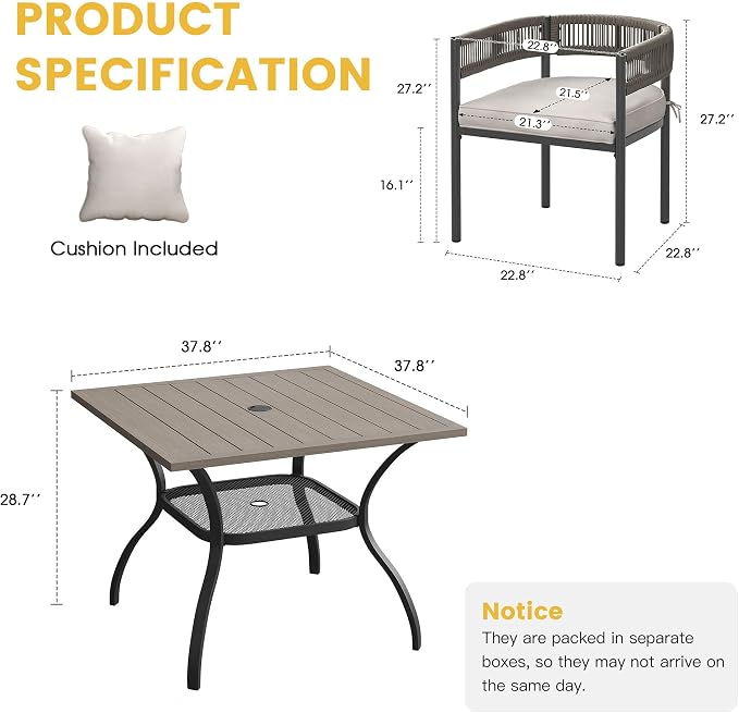 VICLLAX Patio Dining Set for 4-37.8" Square Table & Cushioned Wicker Seats