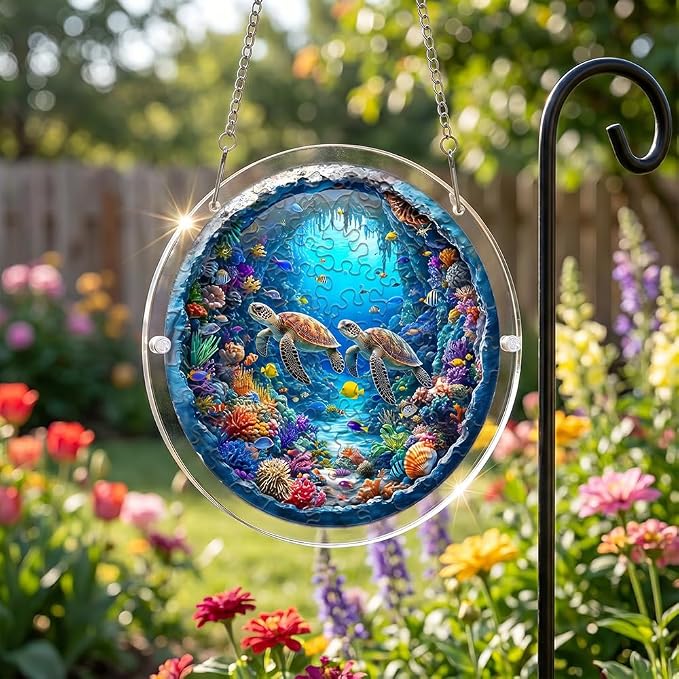 Acrylic Puzzle Suncatcher, Sea Turtle 3D Ocean Pattern Sun Catcher Jigsaw Puzzle Window Hanging, Acrylic Puzzles Kit Home Garden Decor, for Mom, Wife, Sisters, 7.87 inch