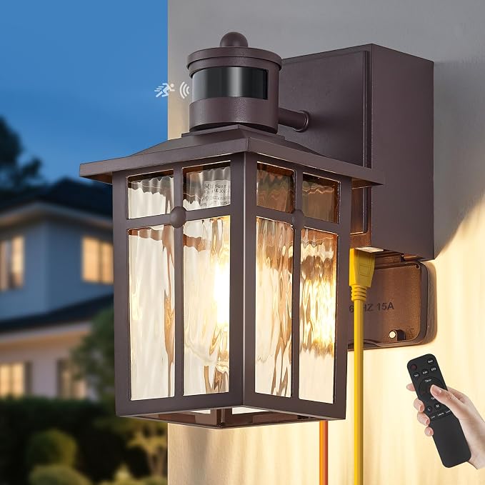 Porch Light with GFCI Outlet with Remote,Dusk to Dawn Motion Sensor Outdoor Light,Upgraded 4 Lighting Modes Brown Front Door Light,Waterproof Outside Lights for House Patio Garage Entryway, 1 Pack