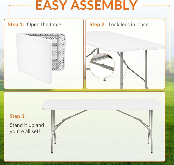 Elevon 6 Feet Heavy Duty Folding Table with Adjustable Height, Fold-in-Half Portable Table for Indoor Outdoor Use - Camping, Picnic, Party, Wedding, Dining, Utility Table