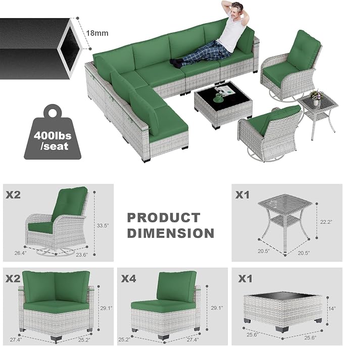 10-Piece Patio Furniture Set, Outdoor Patio Furniture with Swivel Chairs Set, Thick Cushions, Modular Patio Sofa, Dual-Strand Wicker Rattan, Rust-Resistant Frame, Dark Green