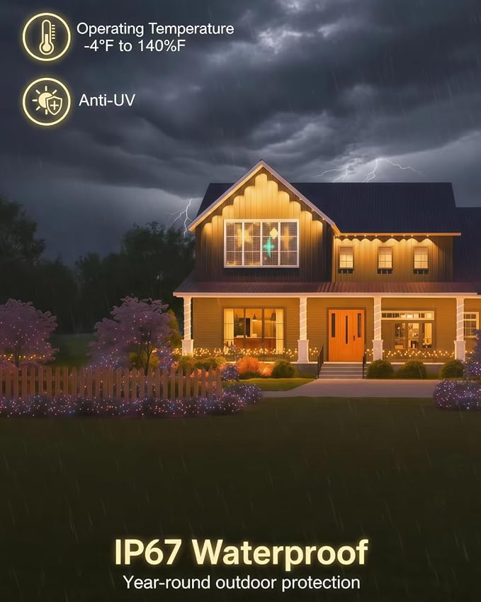 Permanent Warm White Outdoor Lights - 54FT 36 LED Christmas String Lights for Eaves & In-Ground, 8 Modes via Built-in Button, IP67 Waterproof, Yard, Patio Lights