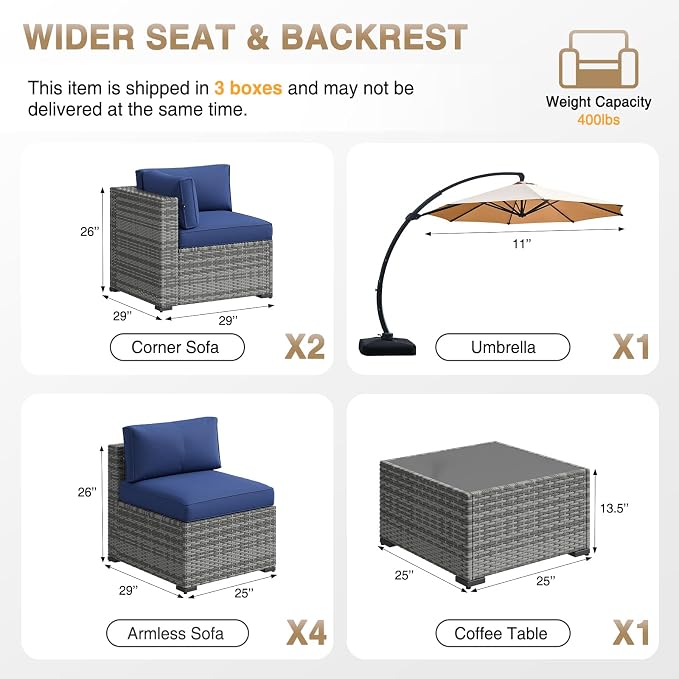 Aoxun Patio Furniture Sets, 8-Piece Outdoor Patio Furniture with 11FT X 11FT Cantilever Umbrella, Wicker Outdoor Conversation Set Sectional Sofa for Backyard, Poolside, Garden