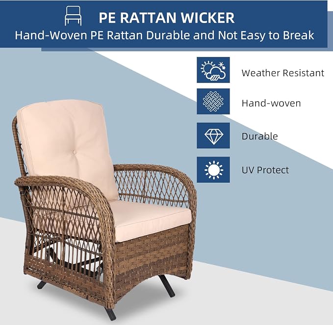 Outdoor Wicker Glider Rocker Chair, Patio Rattan Gliding Rocking Chairs Set of 2 with Thickened Cushions, All-Weather Wicker Furniture Sets for Porch Garden & Backyard