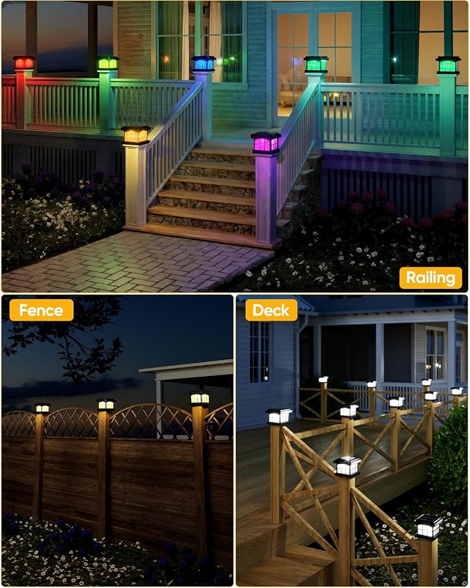 RGBCW Solar Post Cap Lights 2-Pack, 9 Colors 3 Modes Fence Cap Lights, Bright Solar Outdoor Waterproof LED Deck Lighting for Fence Garden Deck Patio Porch Decor 4x4 Vinyl/Wood, Black