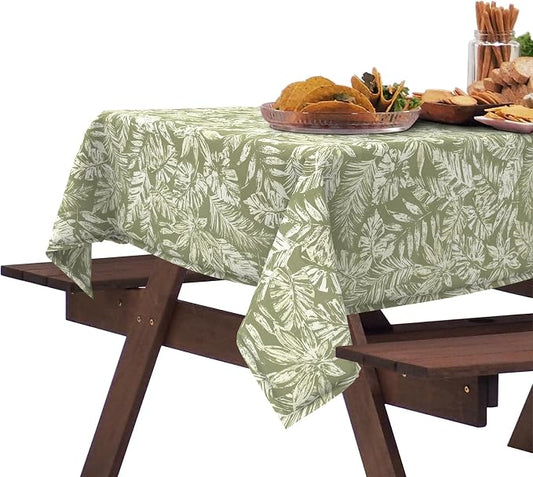 DYTXIII Outdoor Rectangle Tablecloth with Umbrella Hole and Zipper 84" x 60", Water Repellent Floral Picnic Cover, Fade & Wrinkle Resistant Tablecloth for Patio/Garden/Party Table, Tropical Leaf Green