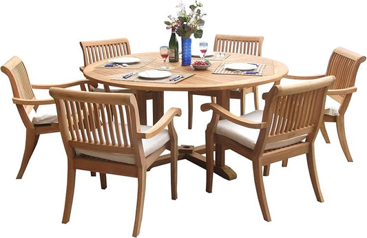 New 5 Pc Luxurious Grade-A Teak Dining Set - 60" Round Table and 4 Stacking Arbor Arm Chairs #WHDSAB6