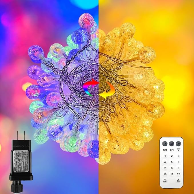 RaThun 116ft Color Changing String Lights, 200 LED Multicolor & Warm White Crystal Globe Lights with Remote, 11 Modes, IP44 Waterproof, Plug in Fairy Lights for Indoor Outdoor Christmas Party Garden