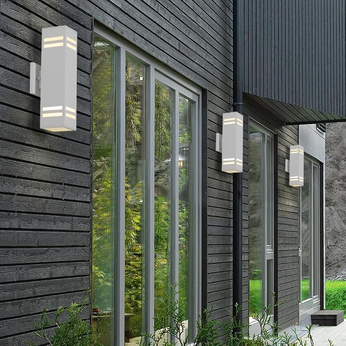 Aluminum Modern Outdoor Wall Light,15" Exterior Up Down Wall Sconce Light Fixture Sand Textured White with 3-Sided Frosted Glasses [ETL Listed] | E26 Base,UL listed,Aluminum Up and Down Lights Outdoor Exterior Wall Light Fixture Porch Light for House G...