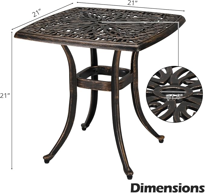 Cast Aluminum Square Patio Table with Umbrella Hole - 21.3 Inch Weather-Resistant Outdoor Bistro Table for Backyard, Poolside, Indoor/Outdoor, Easy Maintenance