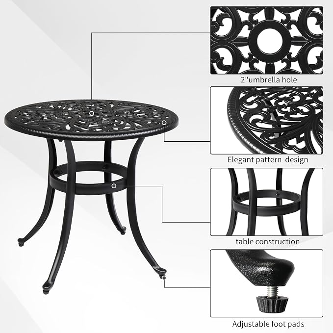 23.6" Cast Aluminum Outdoor Dining Side Table,Round Patio Dining Table,All-Weather Outdoor Dining Table,with Umbrella Hole,for Garden Pool Deck Lawn Backyard (Black)