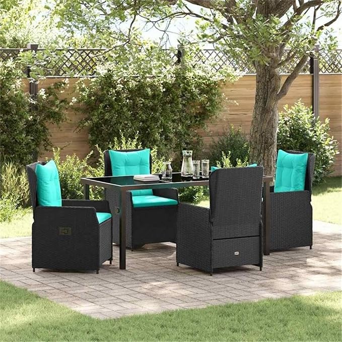 Afuera Living 5 Piece Poly Rattan Garden Dining Set, Black Finish, Powder-Coated Steel Frame, Weather-Resistant, Adjustable Armrests, Modern Outdoor Patio Furniture for Gardens or Poolside Dining