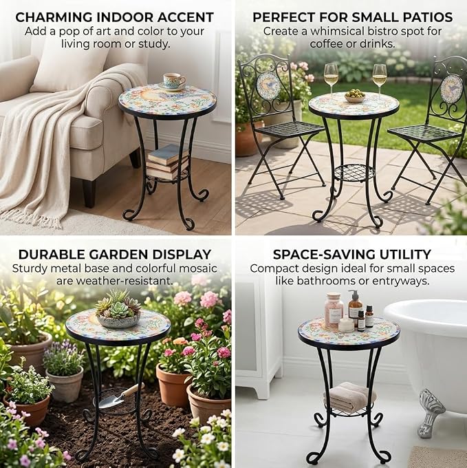 Mosaic Outdoor Side Table Small Round Patio Table Plant Stand | 21" Accent End Table with 14" Ceramic Tile Top for Small Spaces Porch Pool Garden Decor Indoor Living Room Bedroom Balcony