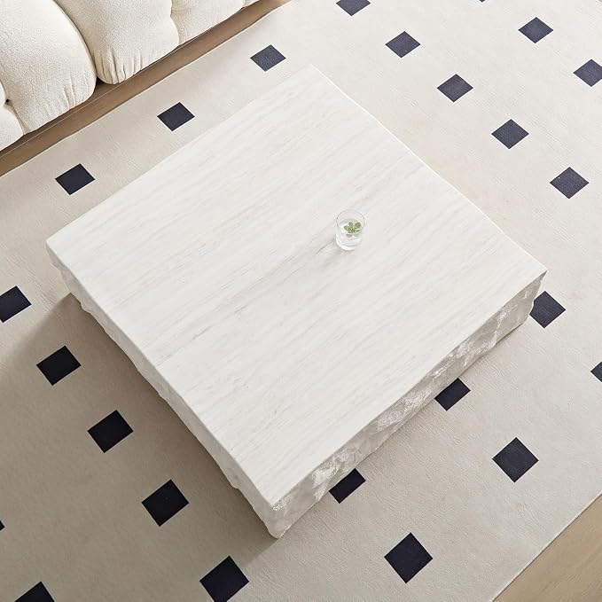 Square Coffee Table for Living Room Faux Stone Coffee Table, 35.4" Modern Low Center Tables for Apartment, No Need Assemble, Fiberglass (Travertine Concrete Pattern)