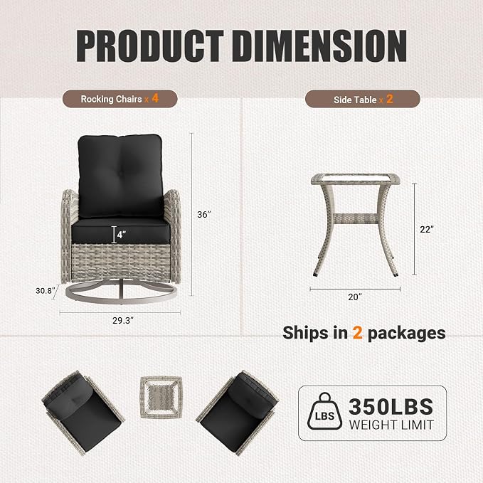 6-Piece Patio Rocking Swivel Chair Outdoor Wicker Rattan Bistro Set with Tempered Glass Side Table, Outdoor Patio Furniture Set for Garden, Deck, and Balcony, Dark Grey