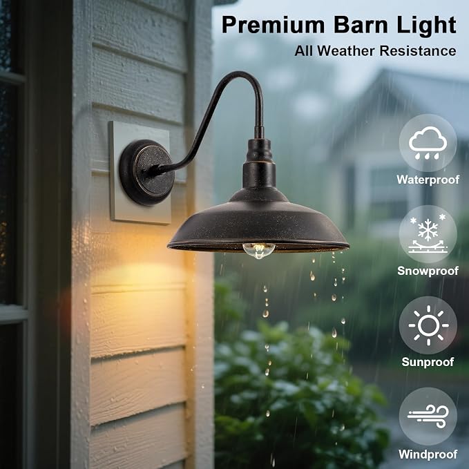 14in Outdoor Gooseneck Barn Light for Farmhouse, Bronze Exterior Wall Light Fixture for Porch, Large Outside Farmhouse Wall Sconce for Garage Patio Doorway House