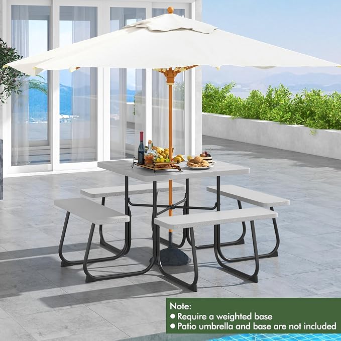 HAPPYGRILL 4-8 Person Square Picnic Table Bench Set with Umbrella Hole, Outdoor Camping Table with HDPE Material and Sturdy Metal Frame for Patio, Garden and Backyard, Gray