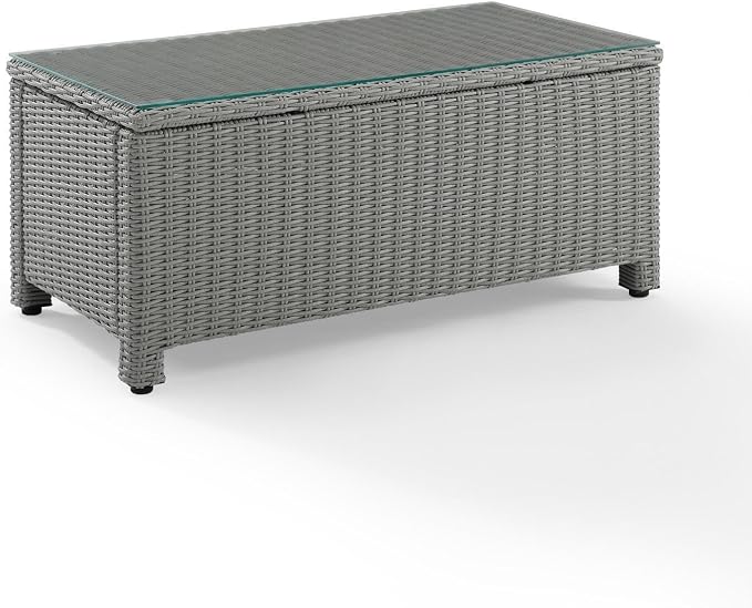 HomeStock Gothic Glamour Outdoor Wicker Coffee Table Gray, Tempered Glass Table Top, Adjustable Levelers on Legs, 17.75" H x 40" L x 21" D