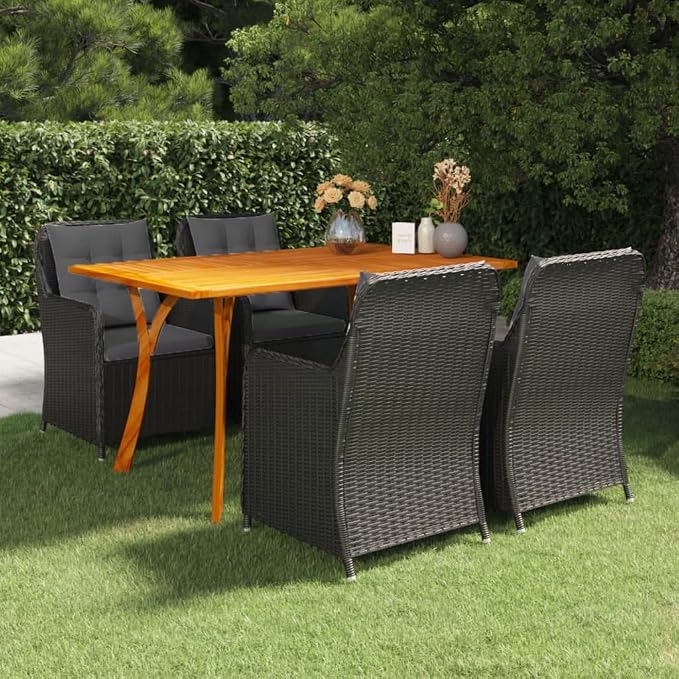 5-Piece Outdoor Dining Set Black Solid Acacia Wood Rectangular Table 59"x35" PE Rattan Chairs with Cushions for Patio Garden Balcony Backyard Seating 4