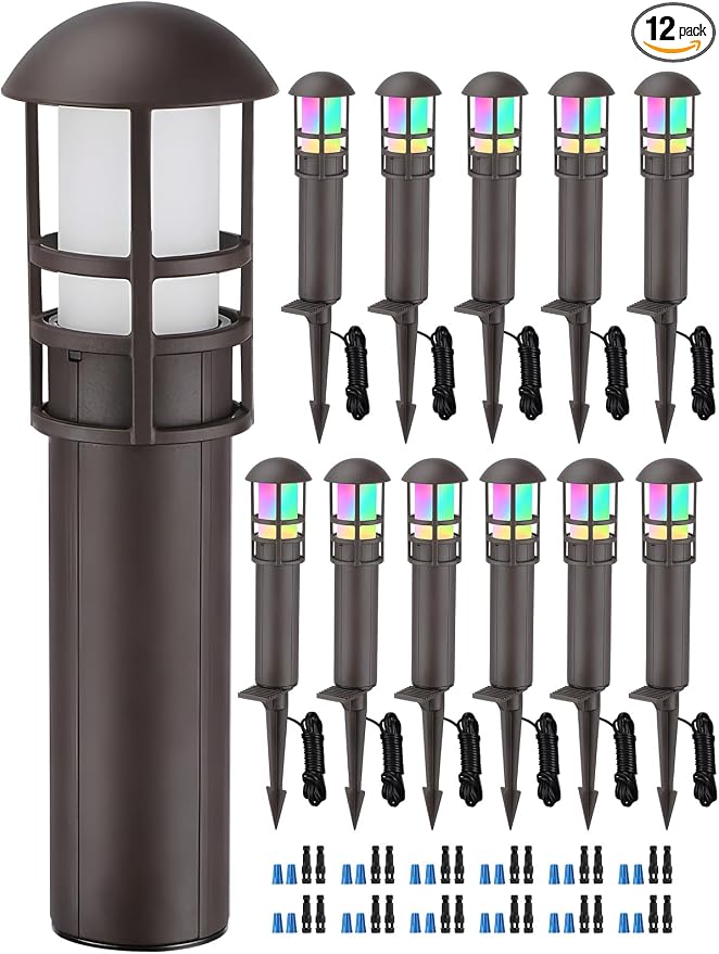 LEONLITE 12-Pack RGBCW Low Voltage Landscape Pathway Lights, 3W, CRI90 | Color Changing, 12-24V AC/DC, Aluminum, ETL, Multi-Color, Low Voltage LED Bollard Path Lights, for Walkway Yard Garden