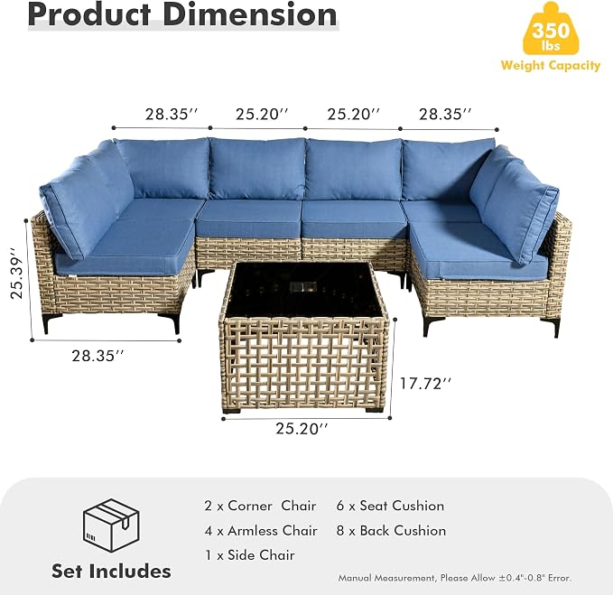 7 Pieces Wicker Patio Furniture Set,Outdoor Sectional Sofa with Coffee Table Comfy Cushions,Modern Modular Deep Seat Rattan Couch Conversation Set,Denim Blue