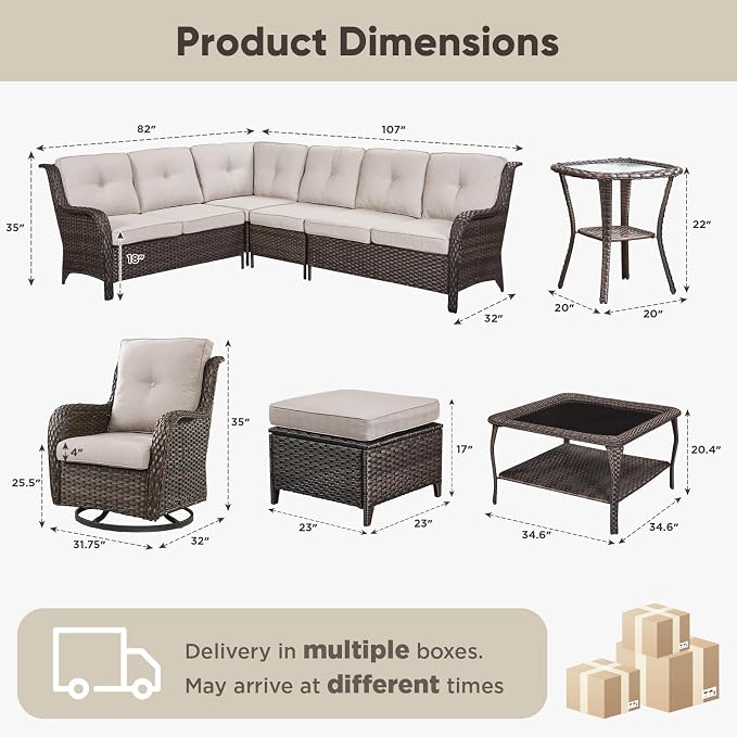 Belord 8 Piece Wicker Patio Furniture Set, Outdoor Swivel Rocker Chairs Set of 2 with Ottomans and Sectional Couch, All Weather Patio Conversation Furniture Set, for Pool,Yard Brown Wicker/Beige