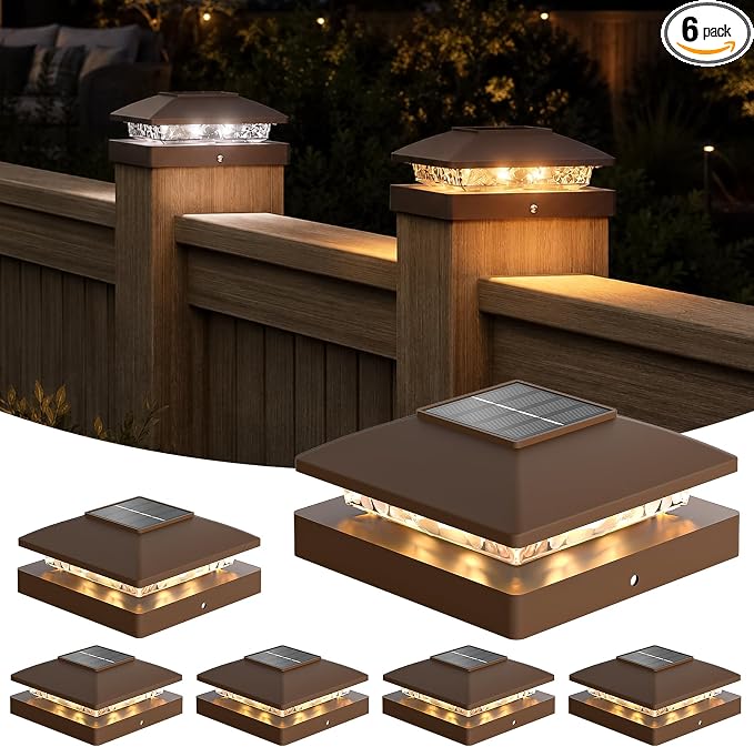 APONUO Solar Post Cap Lights for 4x4 Posts - IP64 Waterproof, Warm/Cool White, Wireless Fence Lights & Deck Lights for Patios, Gardens, and Yards, Brown,6 Pack