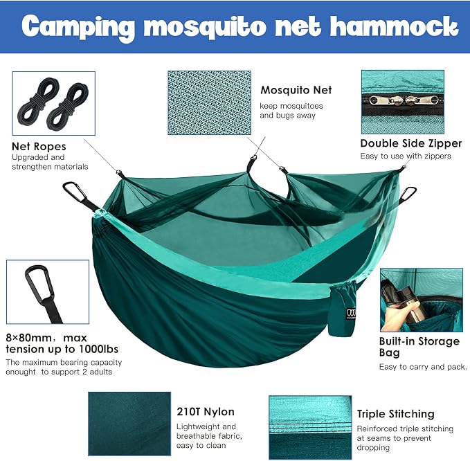 Gold Armour Camping Hammock - Camping Essentials, Double Hammock with Bug Net, Camping Gear Hammock for Outside, Hiking, and Travel (Turquoise & Seafoam)