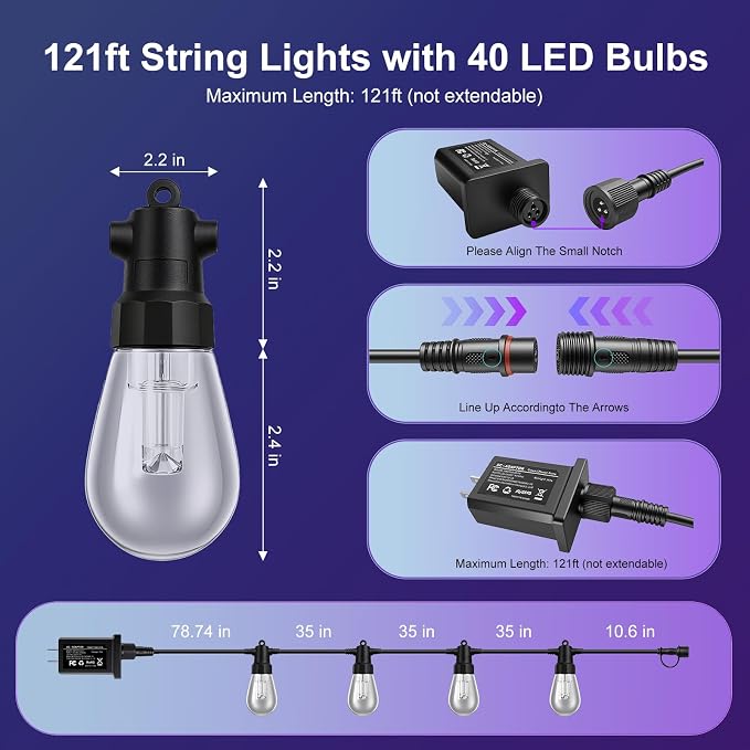 Color Changing Outdoor String Lights 121FT, Waterproof Patio Lights | 40 Dimmable Shatterproof LED Bulbs,Multicolor & Warm White, IP67 Waterproof, Custom Colors, Timer, Replaceable LED Chips, 24V