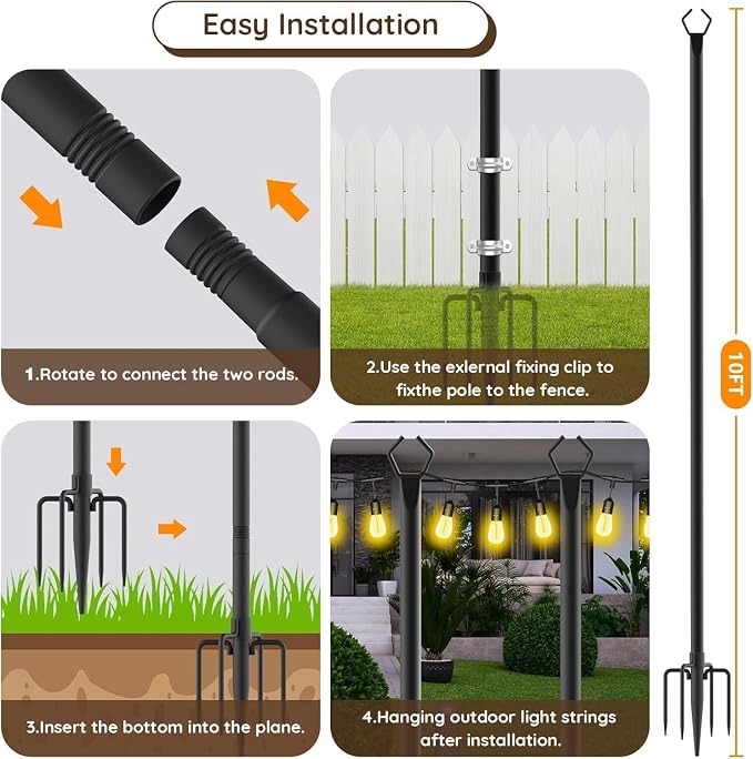 AILBTON 10Ft String Light Poles 6 Pack,Light Poles for Outside Lights,Outdoor with Fence Brackets Hanging Lights,Metal Stand Deck Patio Backyard