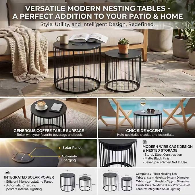 Solar Outdoor Side Table with Light Set of 2, Modern Round Patio Side Tables for Outside, Metal Outdoor End Accent Table for Living Room, Patio, Poolside, Backyard, Garden, Black