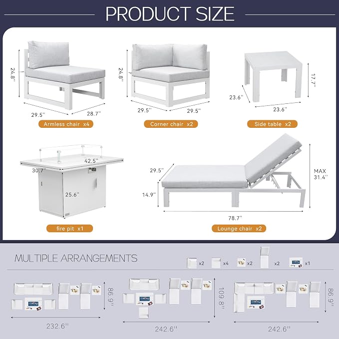 BULEXYARD 11 Piece Oversized Contemporary Aluminum Patio Furniture Set, All Weather Modular Sectional Sofa with Tanning Chair & Fireplace, 500 lbs Heavy Duty Comfy Outdoor Couch for Poolside, White