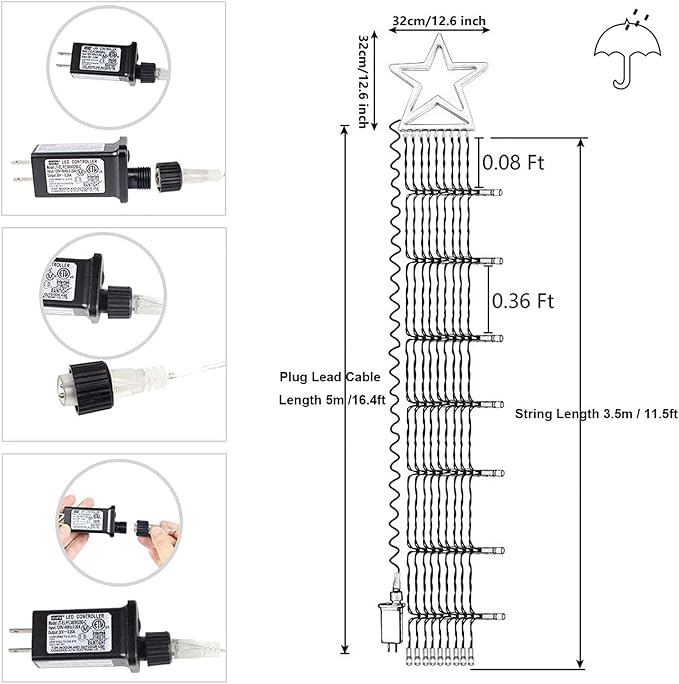 Christmas String Lights 320 LED Christmas Decorations Star Waterfall Lights with 11 Modes Remote Control for Tree Wall Yard Wedding Party (Warmwhite+Multicolored)