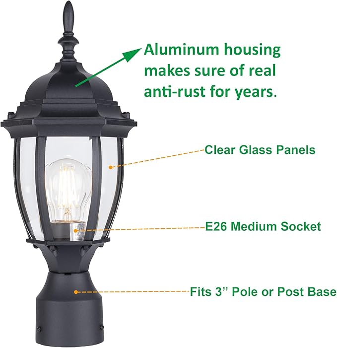 Outdoor Post Light, Rustproof Aluminum Pole Lamp, Black | Exterior Lamp Post Light Fixture for Garden, Yard, Pathway, Waterproof, Glass, E26 Base, Max 60W, 1 Pack