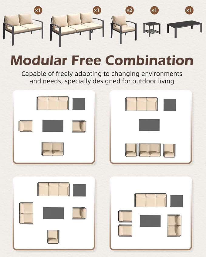 U-MAX Aluminum Patio Furniture Set 7 Seats, Modern Outdoor Furniture Clearance with Coffee Table & Side Table, Metal Patio Conversation Sets with Deep Cushions for Lawn, Garden, Porch, Beige