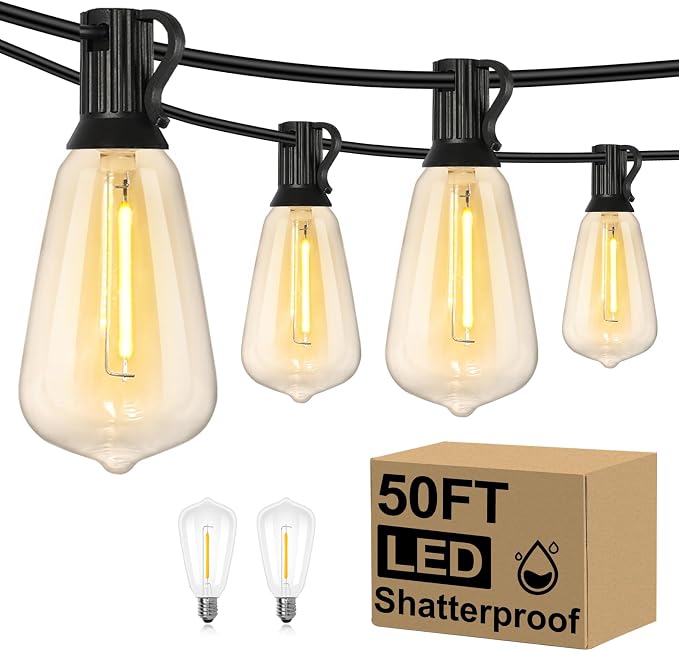 Brightever LED Outdoor String Lights 50FT Patio Lights with 27 Shatterproof ST38 Vintage Edison Bulbs, Outside Hanging Light Waterproof for Porch, Deck, Garden, Backyard, Balcony, 2200K Dimmable