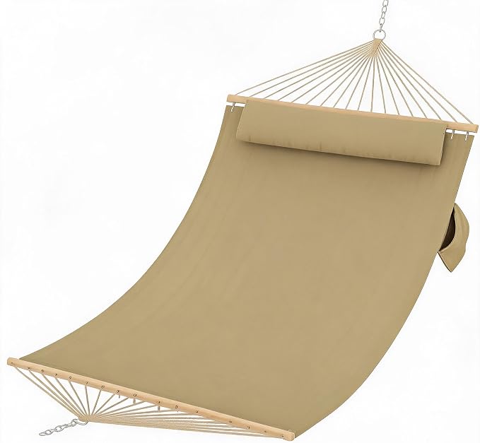 Double Quilted Hammock with Wooden Spreader Bar, 2 Person for Outdoor Without Stand, Patio Backyard Poolside, Brown-Yellow