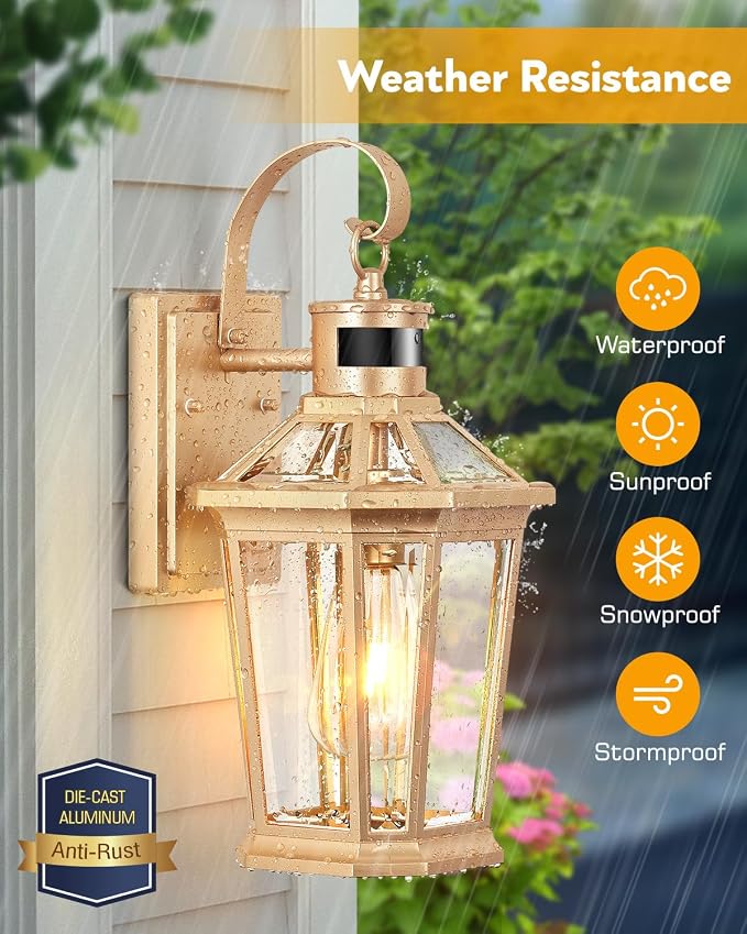 VIANIS Outdoor Wall Lights, Motion Sensor Exterior Light Fixtures Wall Mount, Waterproof Modern Gold Outside Front Porch Light, Anti-Rust Aluminum Outdoor Wall Sconce for House Garage