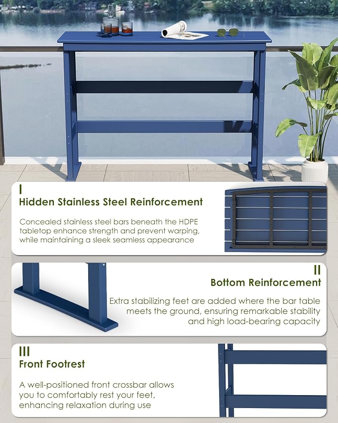 GREENVINES Outdoor-Bar-Table | 37″ Counter Height Patio Tables | HDPE Plastic | 54" W x 21" D x 37" H | All Weather | Rectangle | High Top | for Backyard Balcony Poolside | Blue