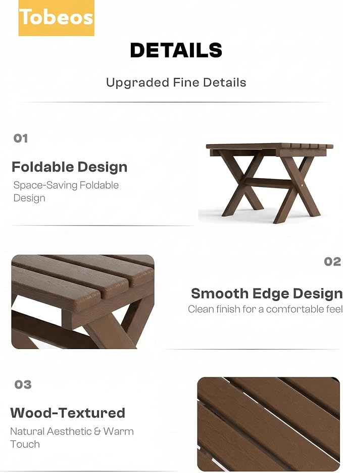 Outdoor Folding Side Table,HDPE Material, Portable Space-Saving Design, Weather-Ready with Authentic Wood-Grain Feel (Teak, 1 Table)